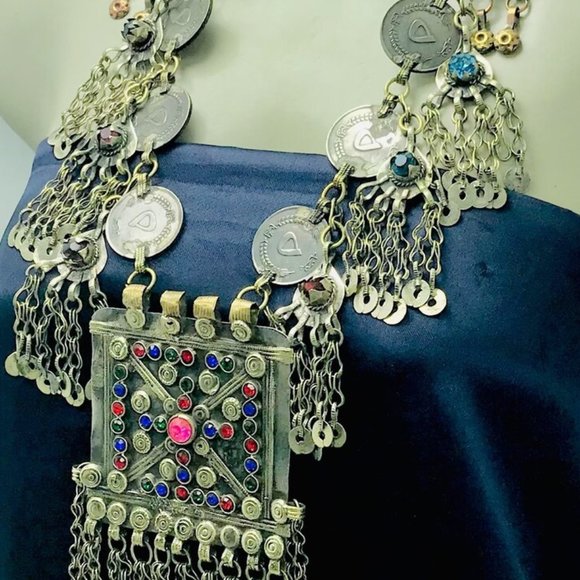 Silver Vintage Coins Chain Necklace, Tribal Big Pendant Necklace - Picture 3 of 9